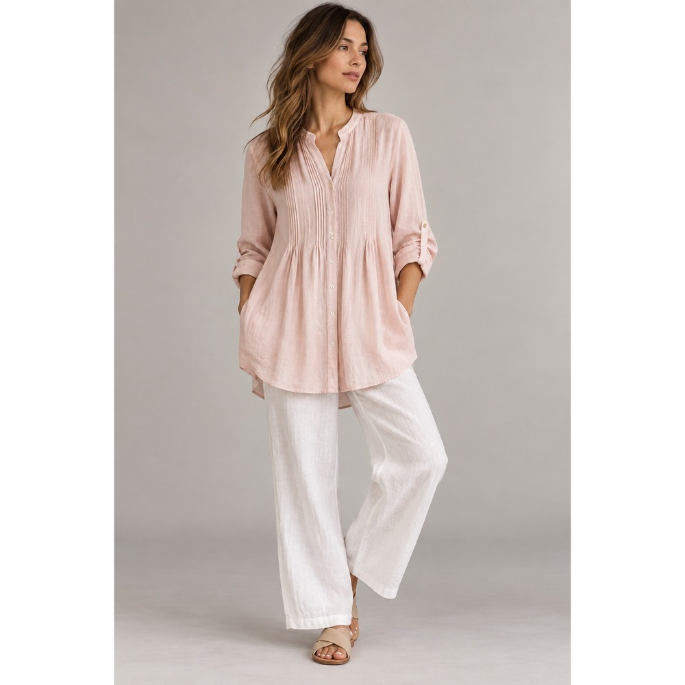 J.Jill Love Linen Blouse Shirt Women Sz L Pale Pink 100% Linen Pleated Lagen